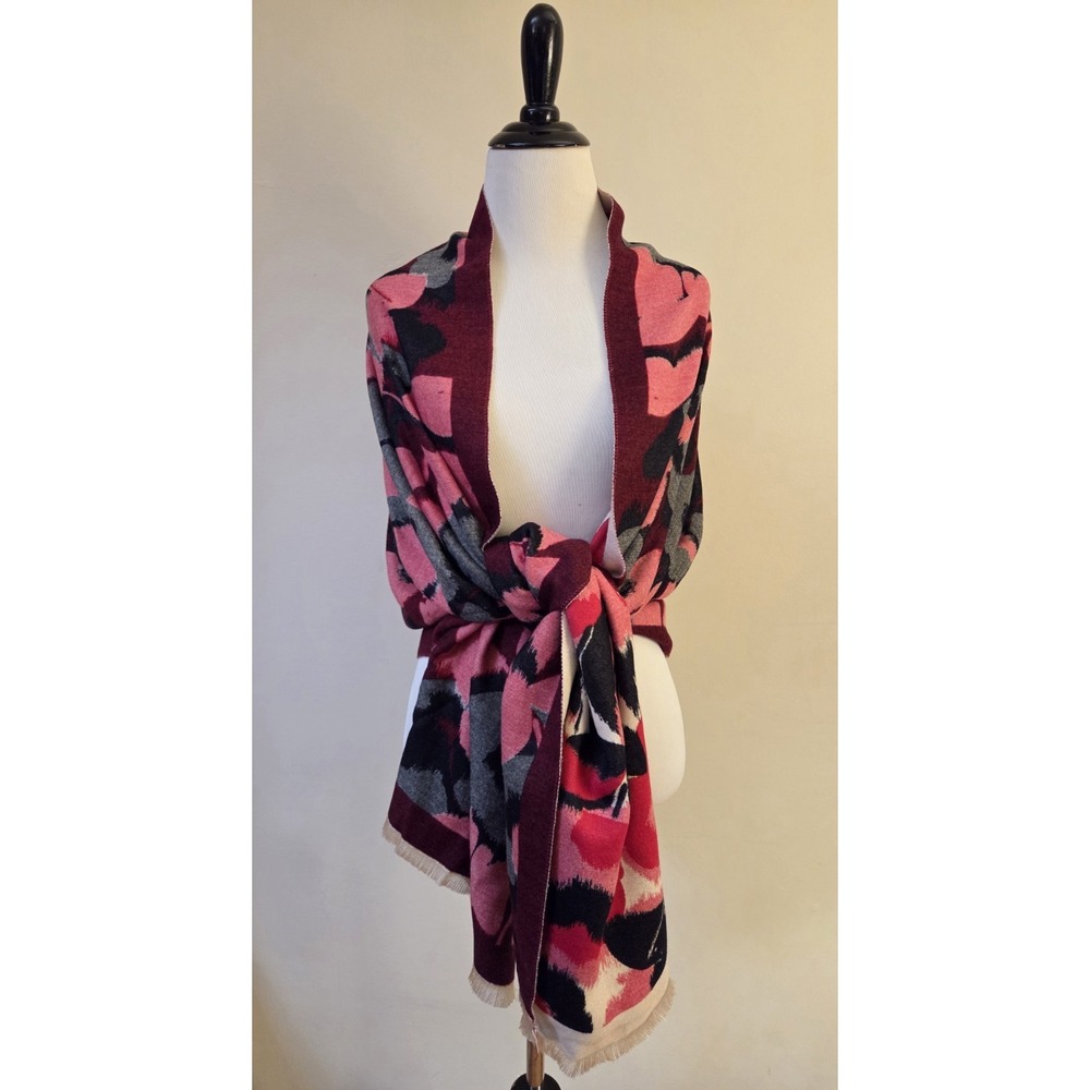 Gerard Pasquier Soft Cashmere Blend Reversible Scarf Shawl 26x72 Cream Red Black